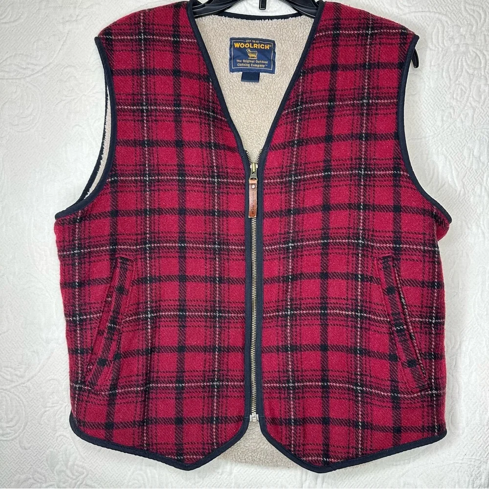 Woolrich Sherpa Lined Red Black Plaid Wool Zip Vest